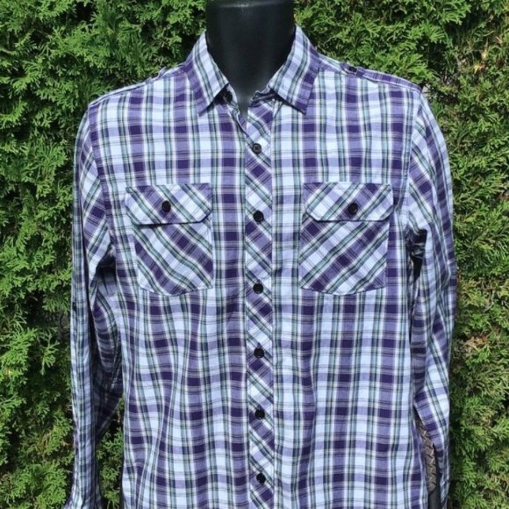 Plaid Purple green Button up Dress Shirt Sz. Small